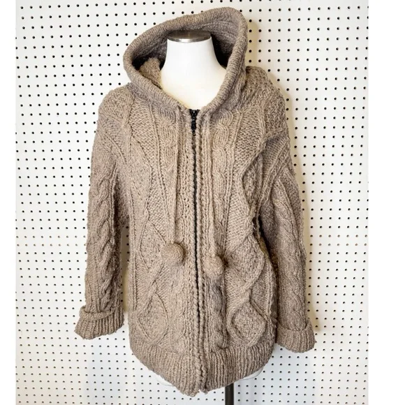 100% Wool Chunky Knit Zip Hoodie Cardigan Jacket – Handmade Ecuador – L - Picture 1 of 7
